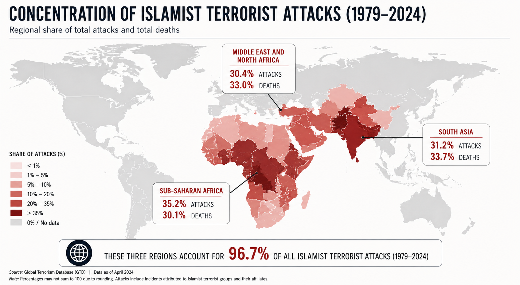 World map infographic highlighting geographic concentration of attacks in three main regions