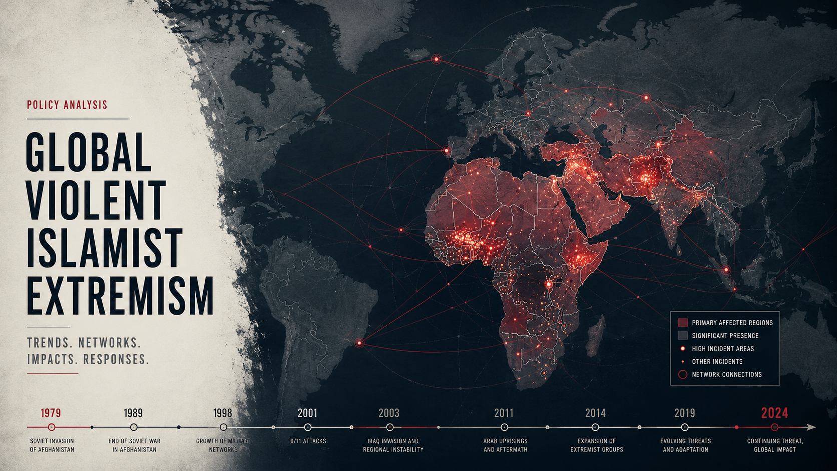 Map-style editorial visual representing global extremist violence trends